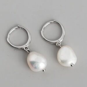 925 Sterling Silver Freshwater Pearl Drop Hoop Earrings